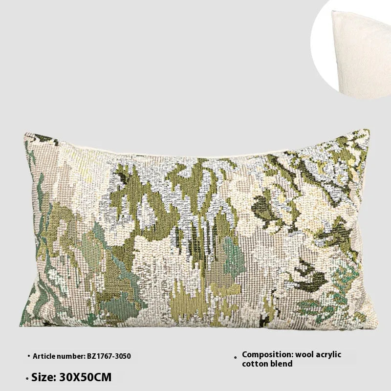 Antique green wool blend pillowcase with French style spring flowers botanical pattern, shown in square and waist sizes.