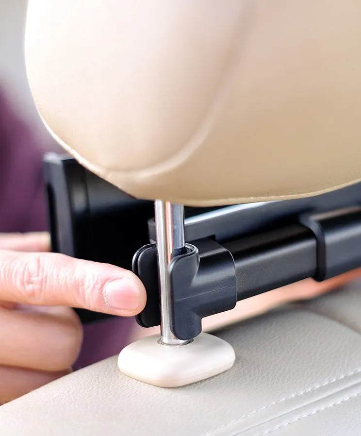 Black universal car phone and tablet holder with snap-in base for mounting on rear car seats.