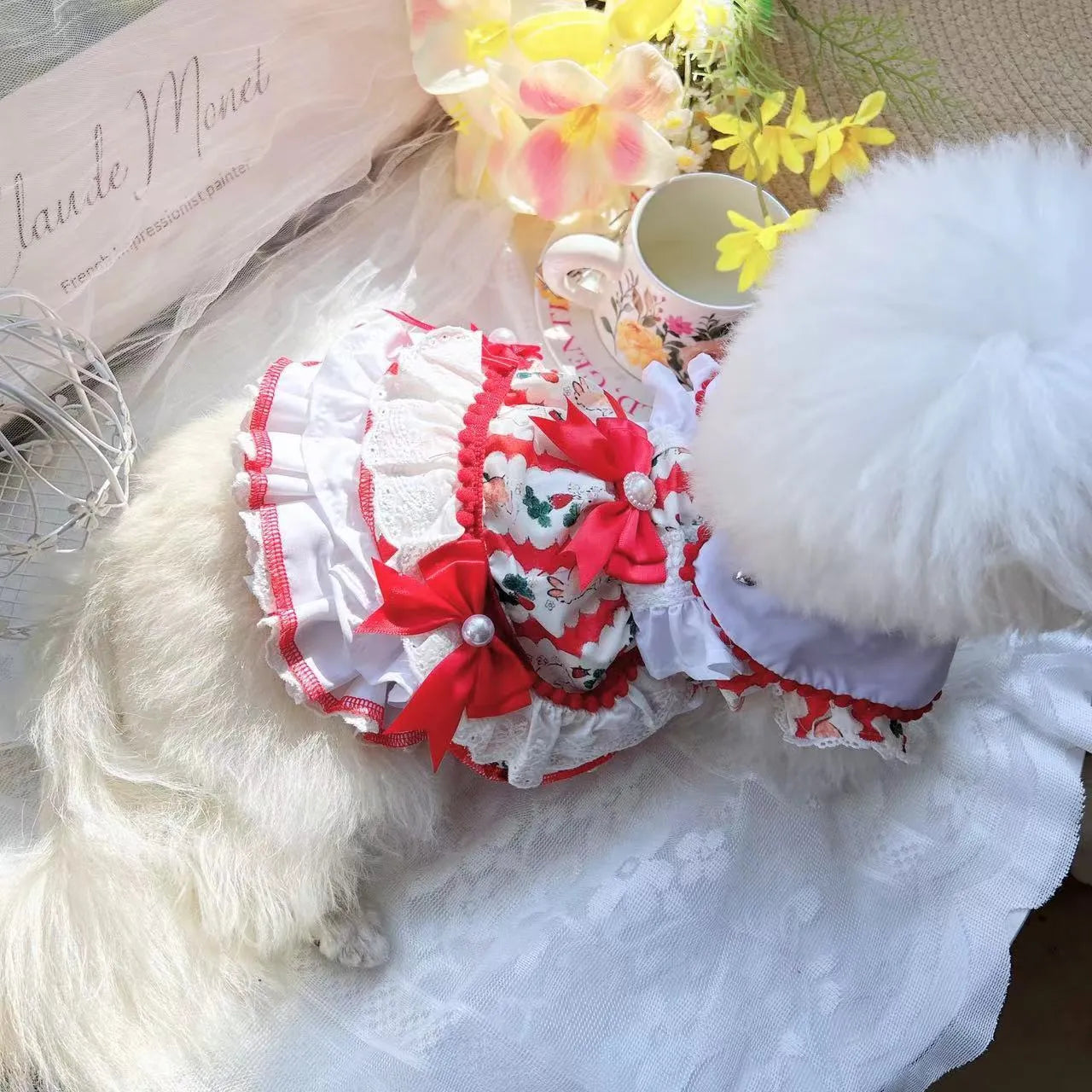 Rabbit skirt princess style dog dress in polyester fabric shown on small dog