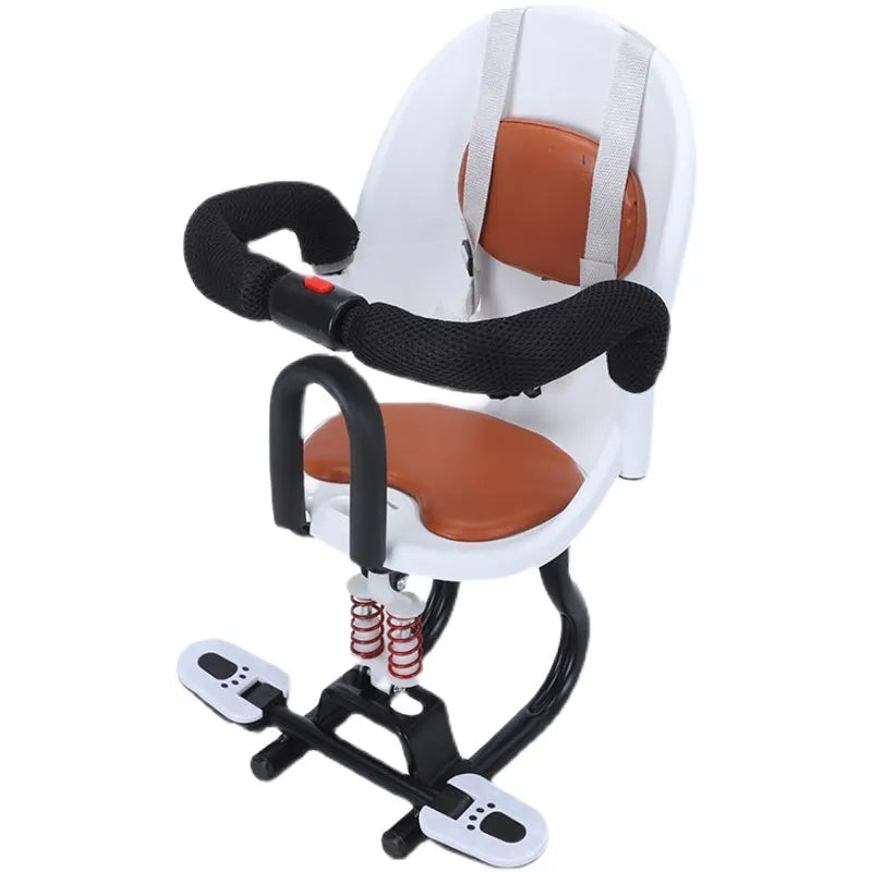 Front-mounted child safety seat for battery scooter in black, made from high carbon steel pipe.