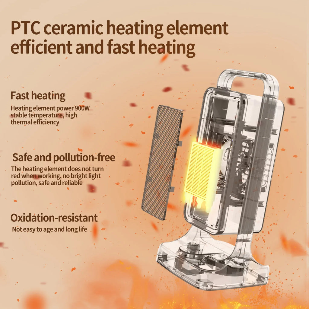 Compact black desktop PTC ceramic air heater with control knob on front.
