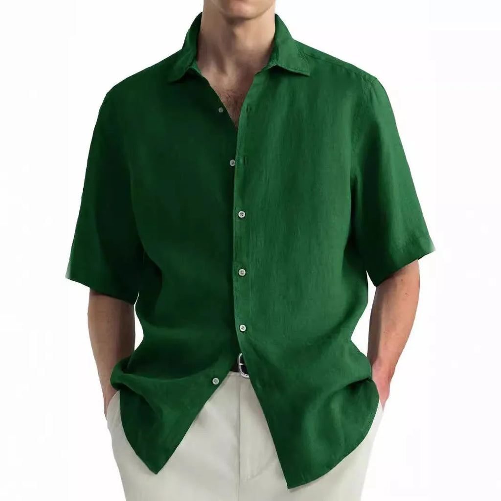 Men's green washed cotton cardigan-style casual shirt on a hanger