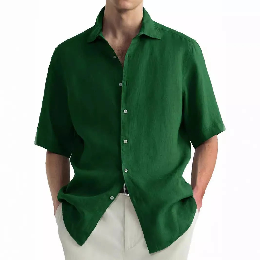 Men's green washed cotton cardigan-style casual shirt on a hanger