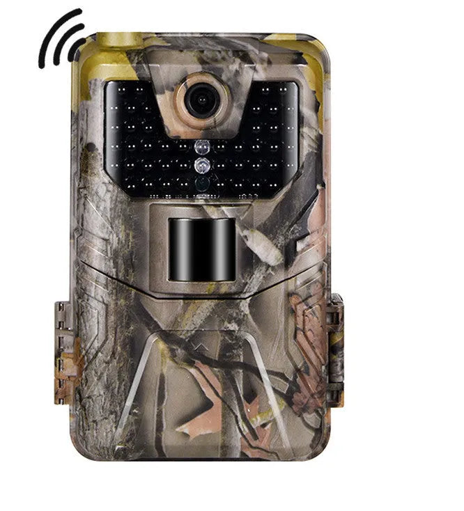 Compact camouflage outdoor hunting camera with infrared LEDs and lens