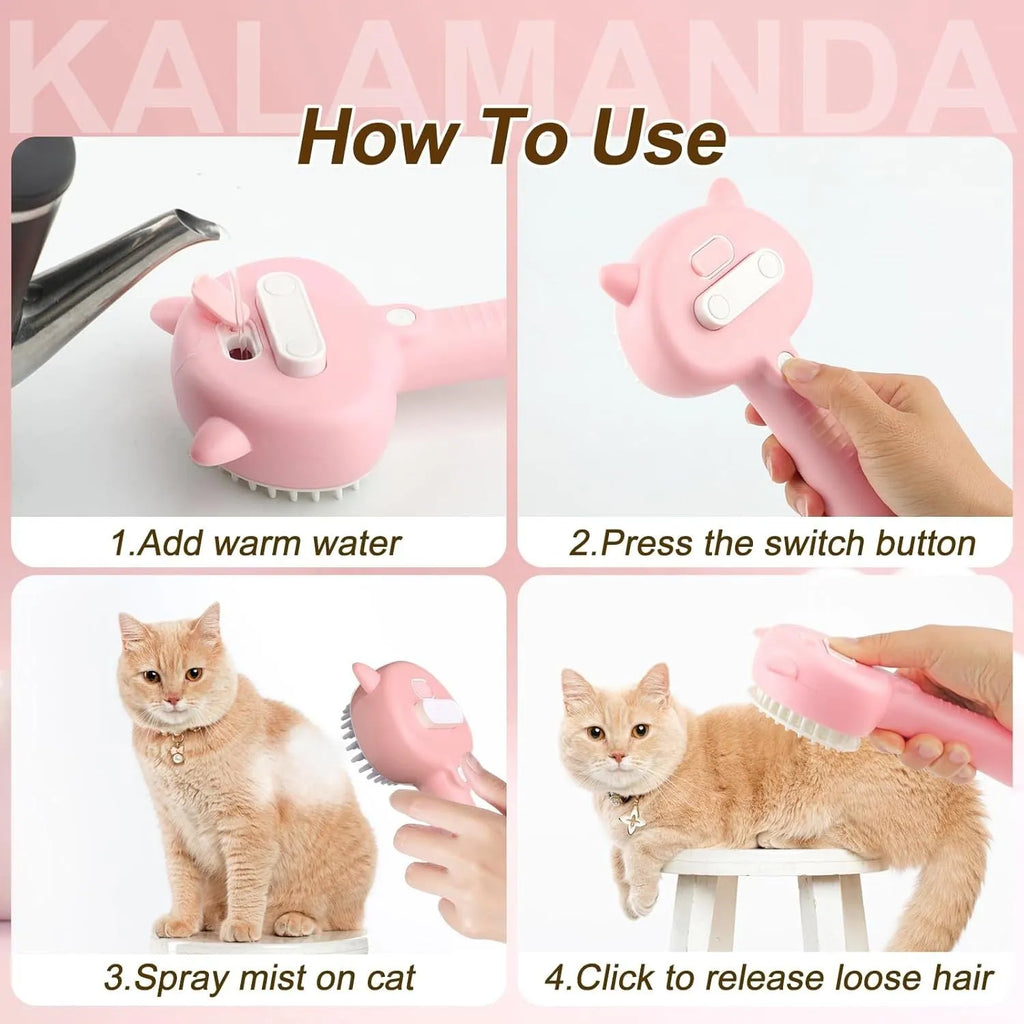 Blue cat steam brush with rubber bristles and release button for pet grooming