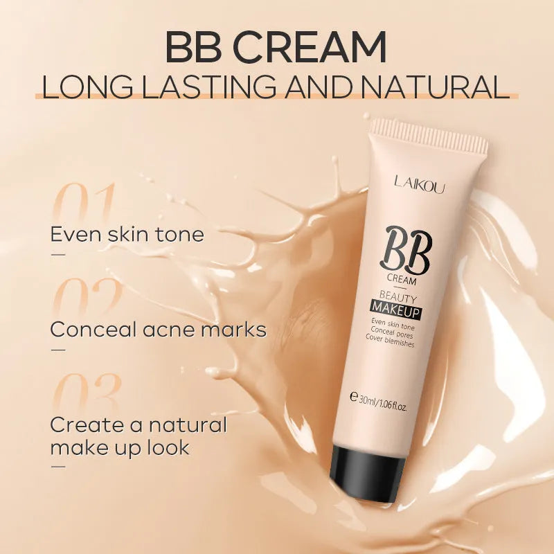 30ml tube of natural finish BB cream showing nine colour shade options from Ivory White to Brown