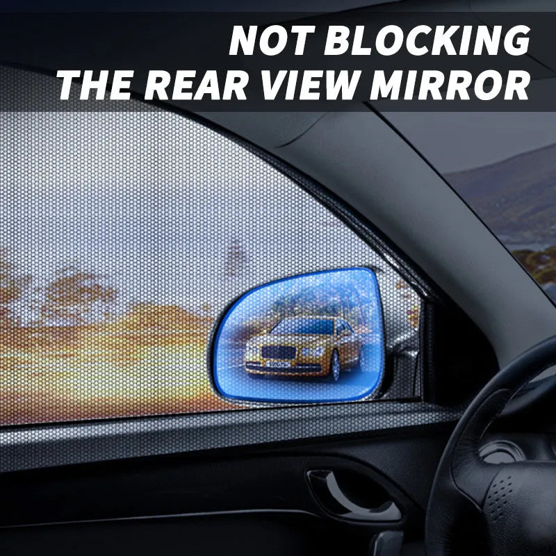 Car side window mesh sunshade with elastic fixation providing sun protection and mosquito prevention
