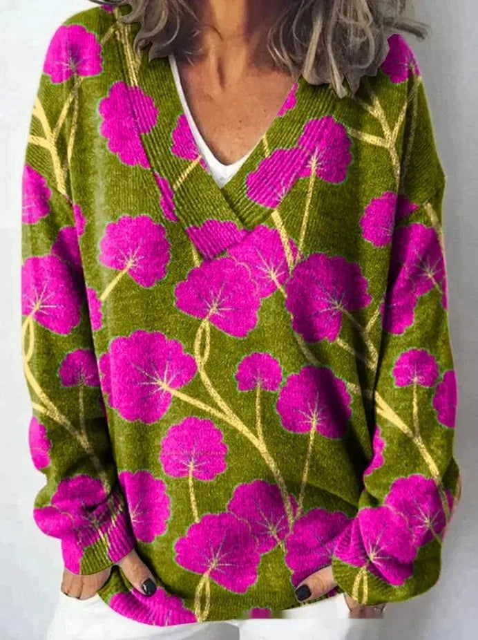 Women's V-neck long sleeve sweatshirt with a full-coverage 3D floral printed pattern in an art retro style.