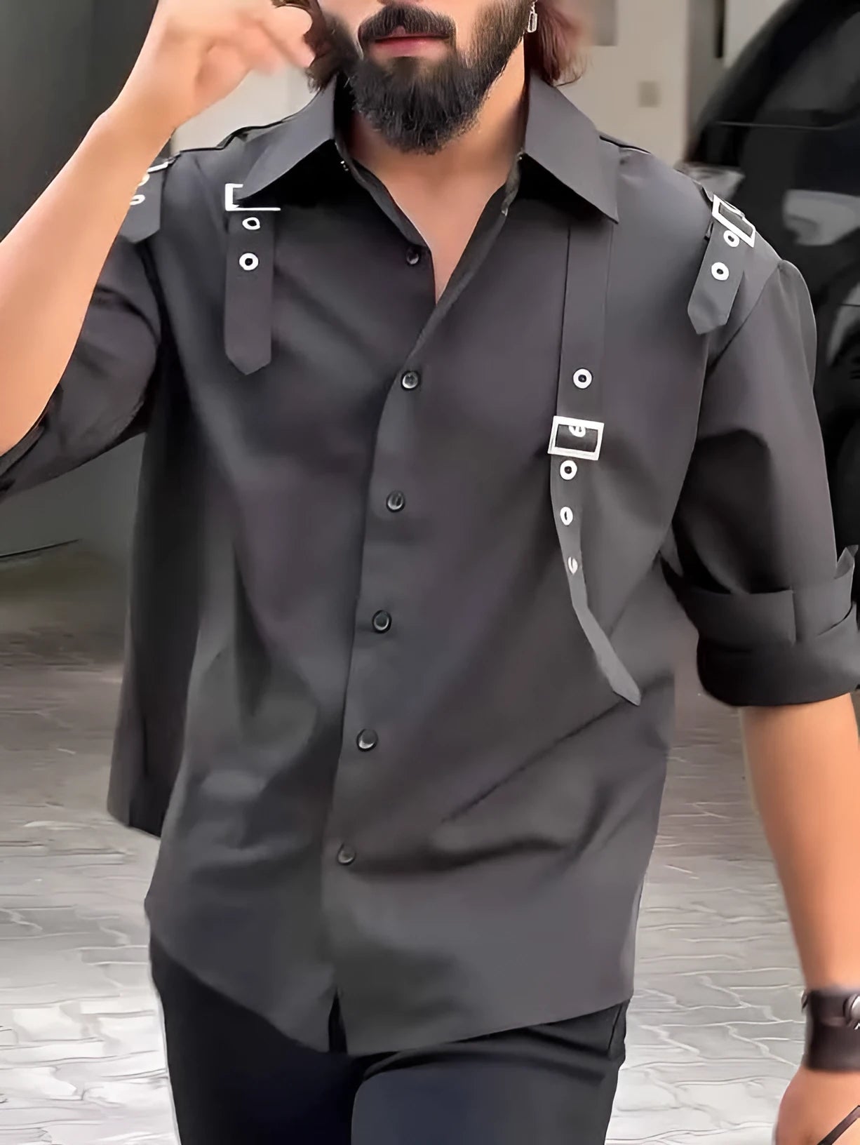 Men's black utility-style button-up shirt with regular fit on a hanger.