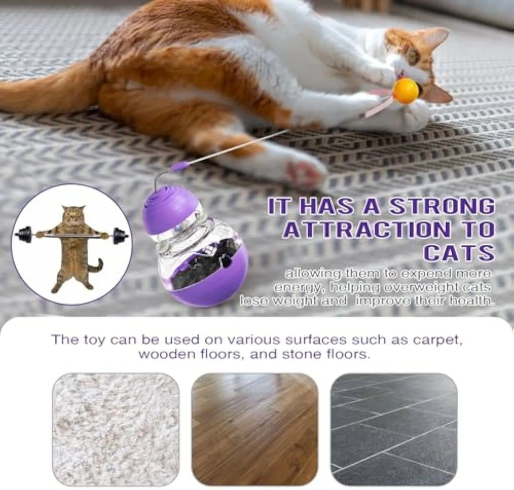 Colourful cat interactive toy with wobble base, teasing wand, and slow feeder mechanism