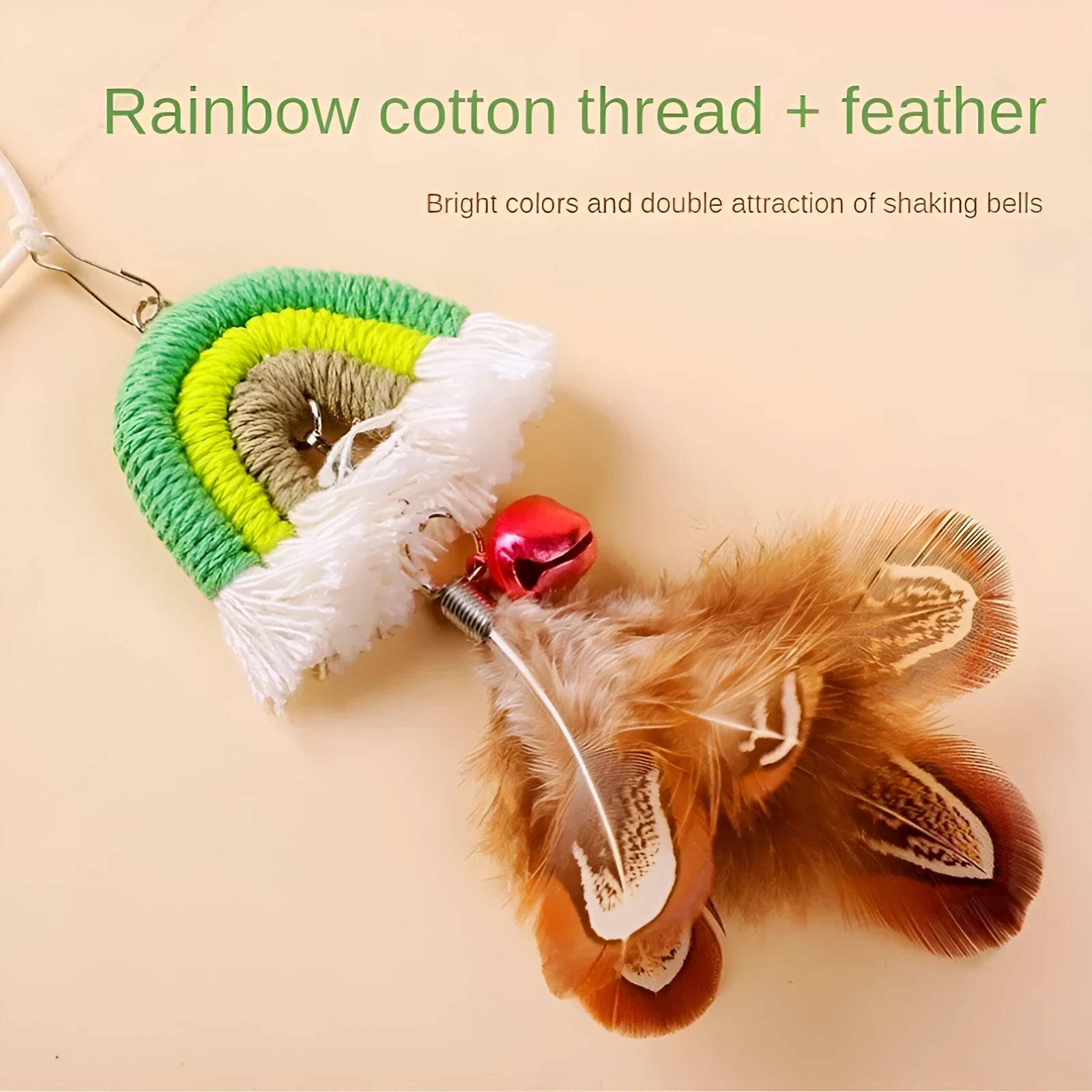 Feather cat rope door hanging toy with elastic swing and sticky buckle clamp in blue, green, or pink