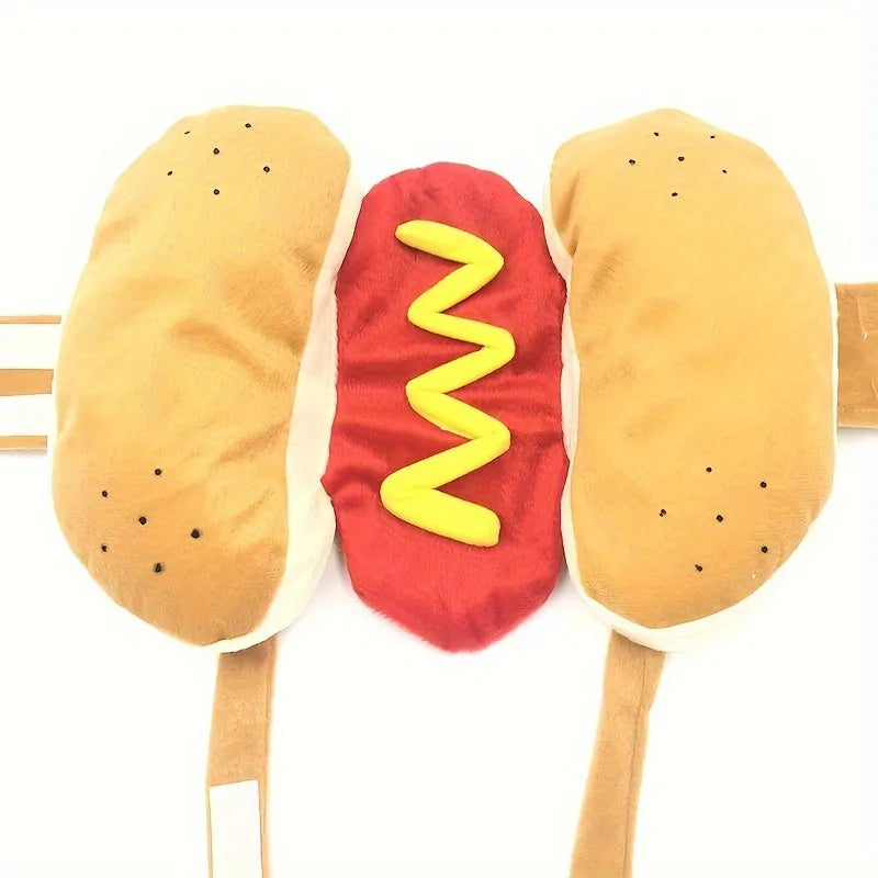 A small dog wearing a soft, stuffed hot dog costume in a winter setting.