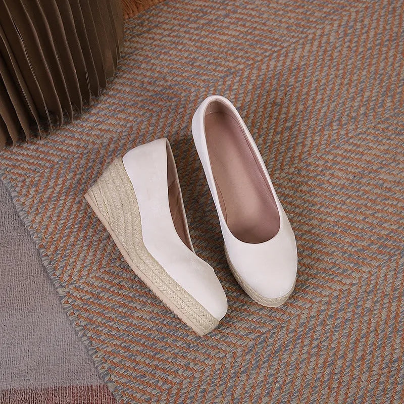 Women's wedge heel pumps with thick rope-patterned sole and shallow mouth design in apricot colour
