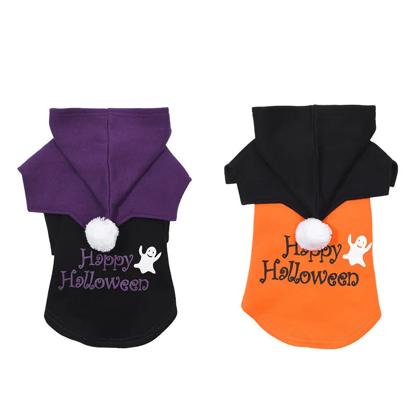 Orange and black Halloween pumpkin two-piece dog costume sweater and shawl set.