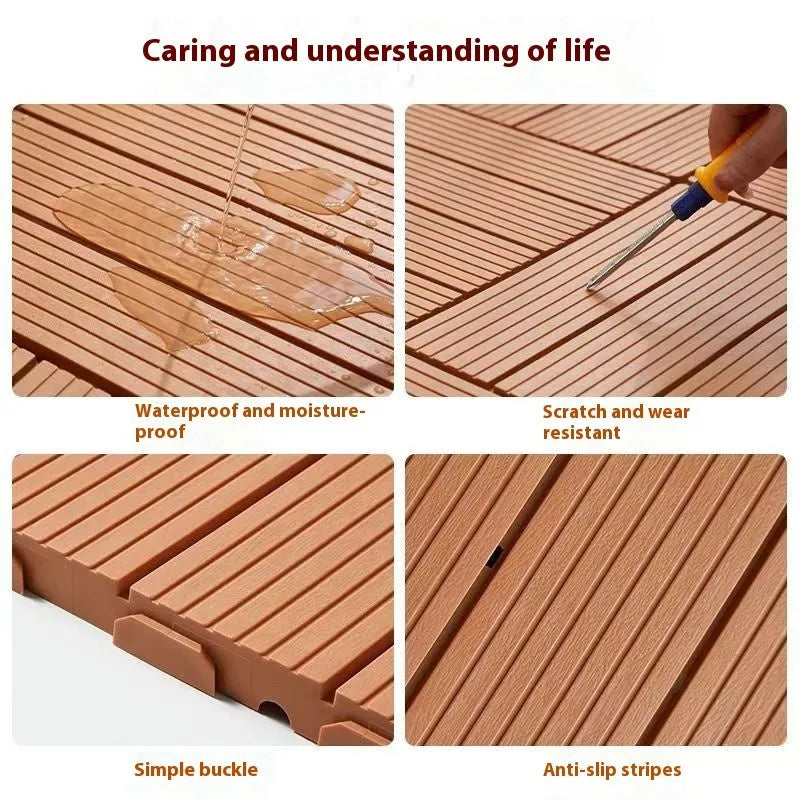 Plastic interlocking floor tiles in wood grain pattern showing 300x300mm dimensions and non-slip surface texture