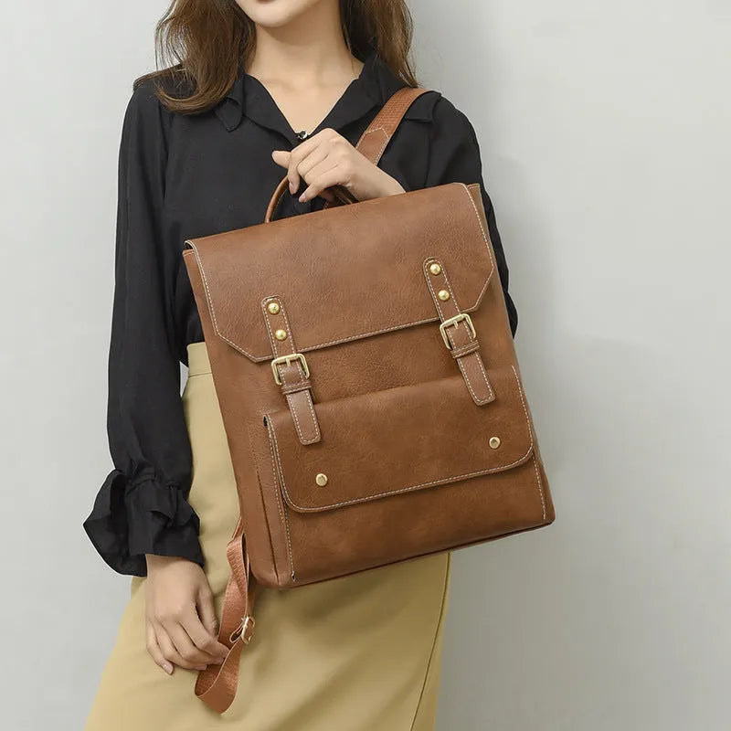 Korean style retro backpack in soft PU leather showing ventilation design