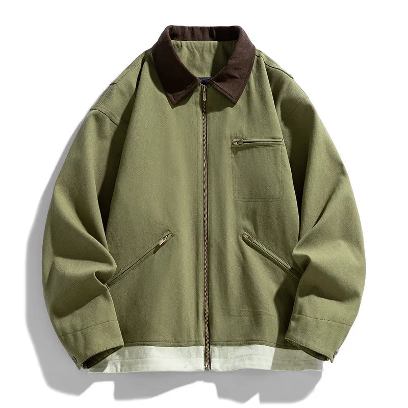 Men's American retro workwear jacket with contrast colour lapels in polyester fabric
