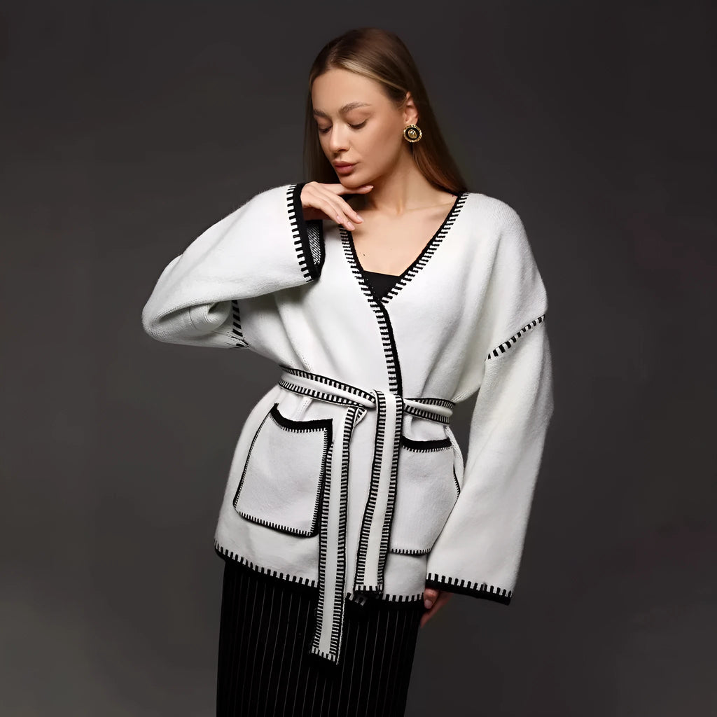 Loose fit lace-up knitted cardigan in imitation cashmere available in white, black and camel colours