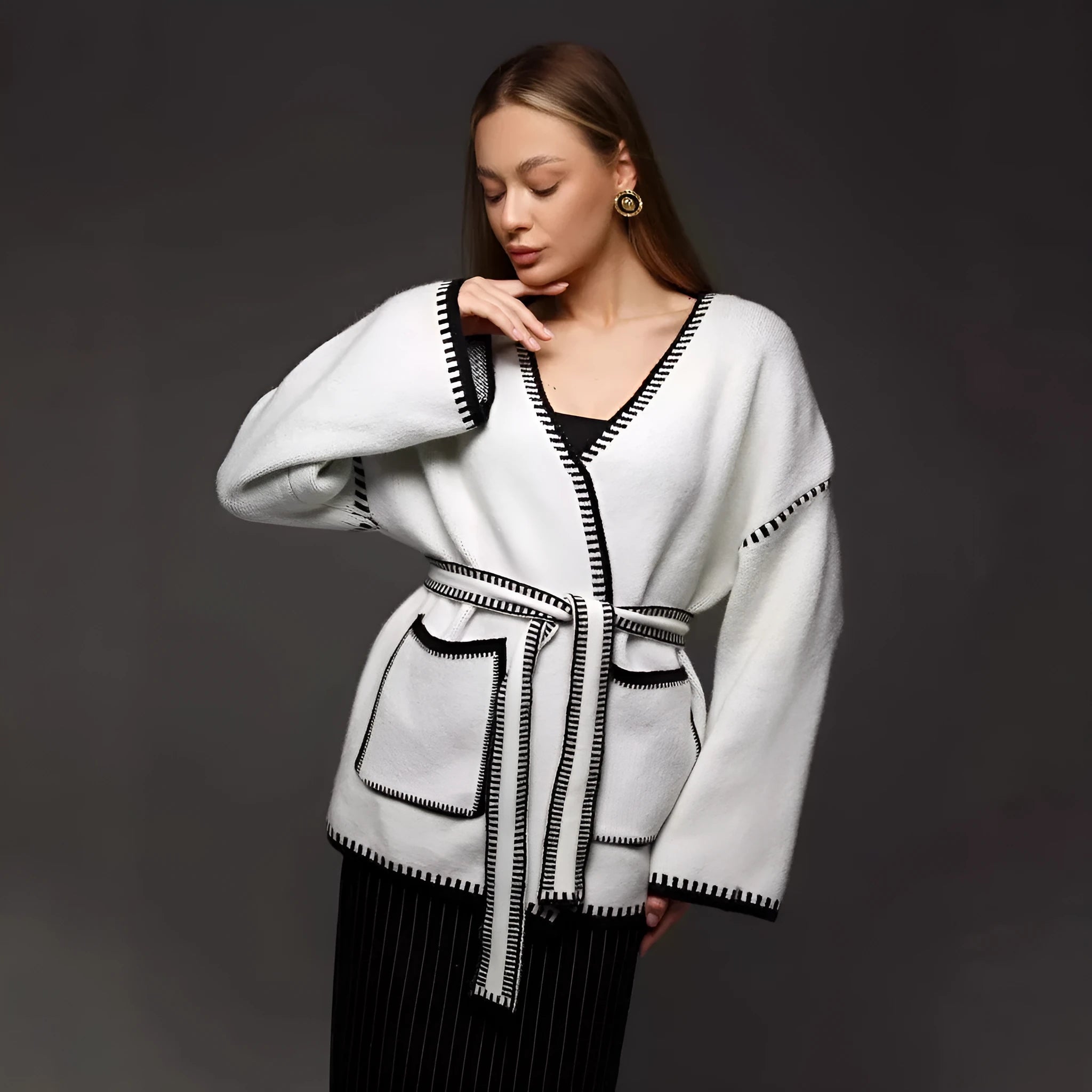 Loose fit lace-up knitted cardigan in imitation cashmere available in white, black and camel colours