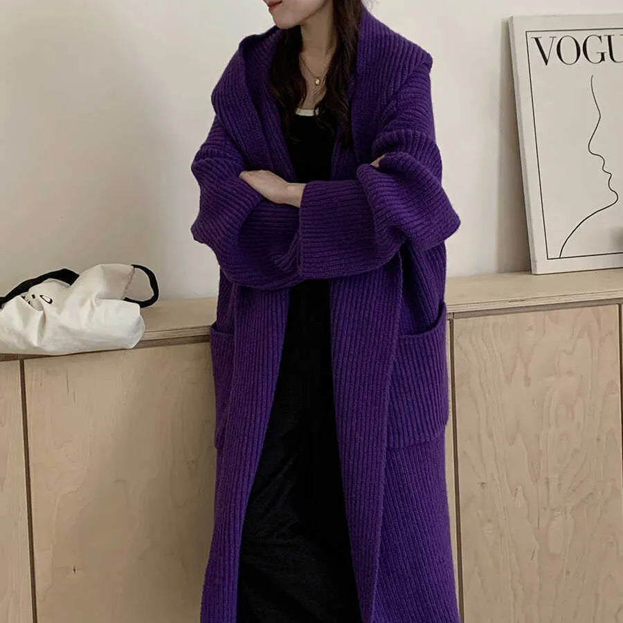 Loose fit hooded cardigan coat in acrylic fabric with extended length and raglan sleeves