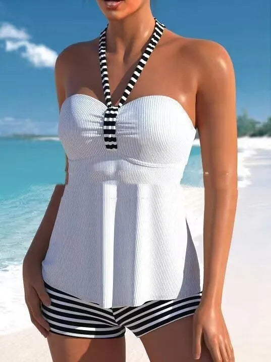 Women's off-shoulder swimsuit with solid colour and black white striped briefs