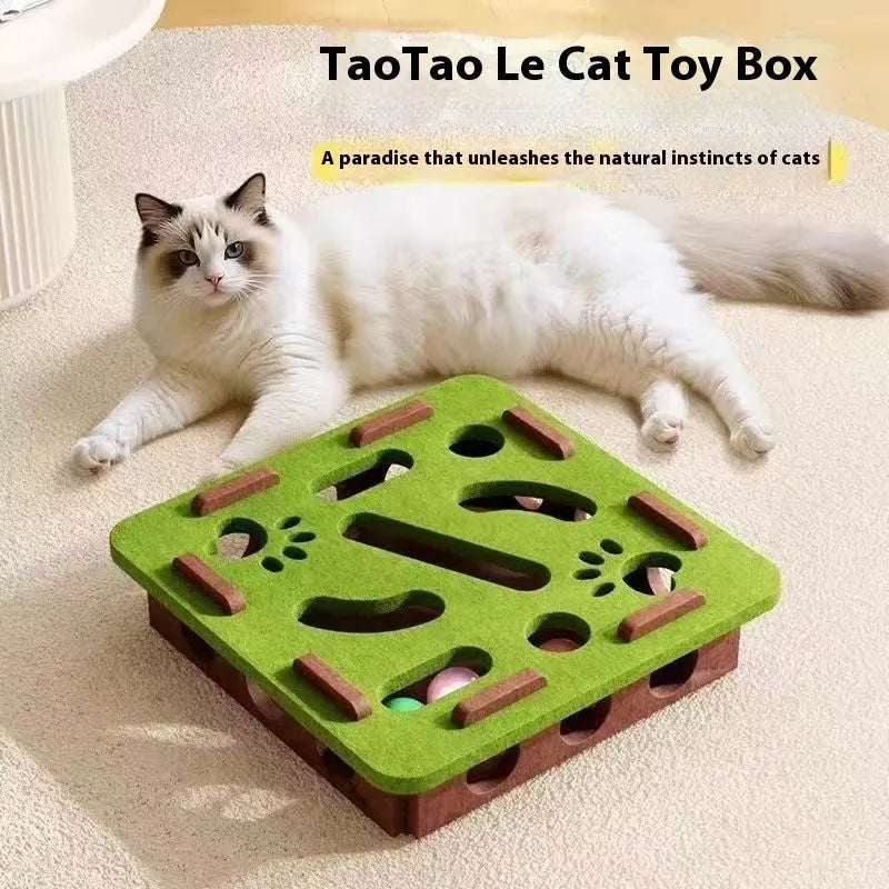 Green brown felt cube cat toy measuring 30cm square with a hole in the centre.