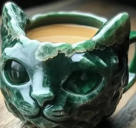 Decorative purple geode mug shaped like a crystal cat cup, showing resin texture and dimensions.