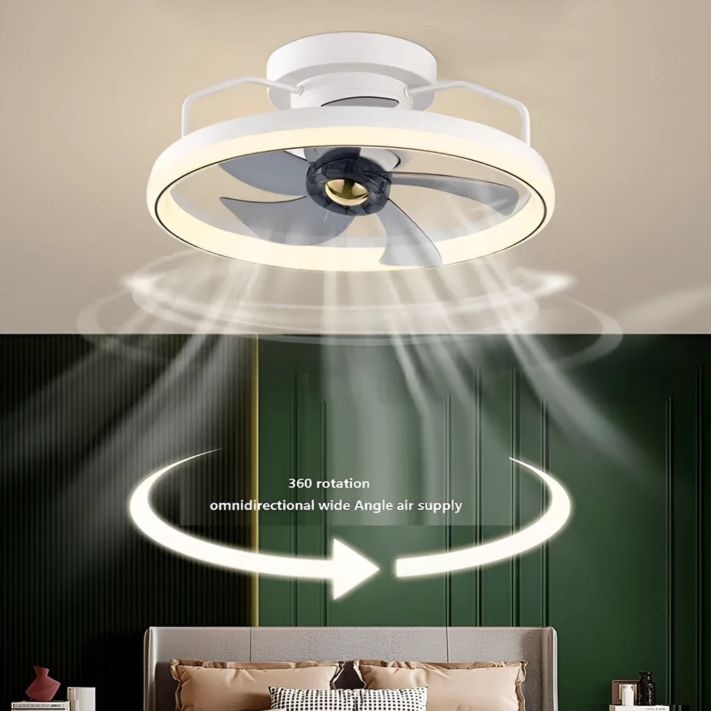Modern simple style white ceiling fan lamp with integrated light and acrylic shade.