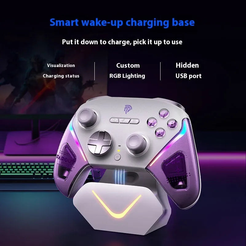 Xbox Elite Series 2 controller on charging base with adjustable trigger mechanism in black, green, or purple