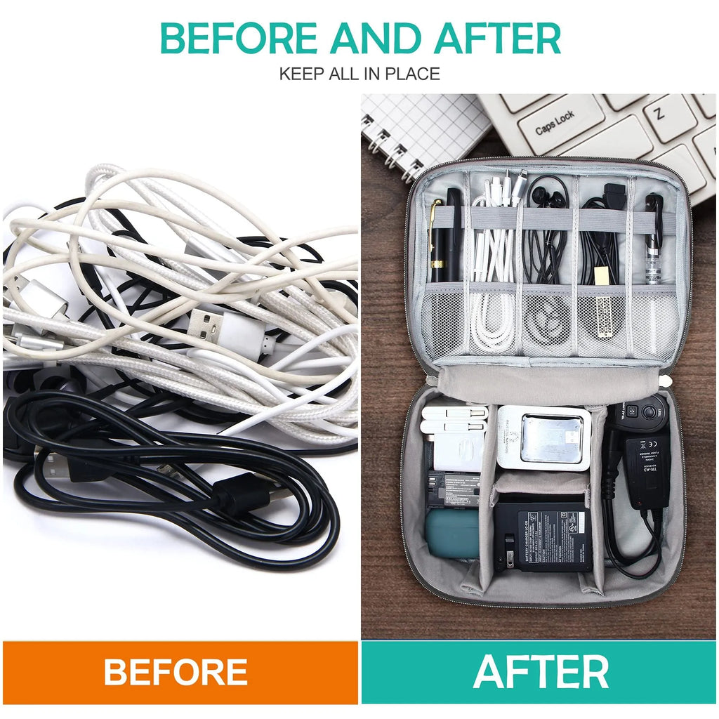 Black waterproof electronics organiser bag open to show removable dividers and mesh pockets for cables.