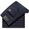 Stretch jeans loose fit straight-leg trousers in black and blue colours on size chart