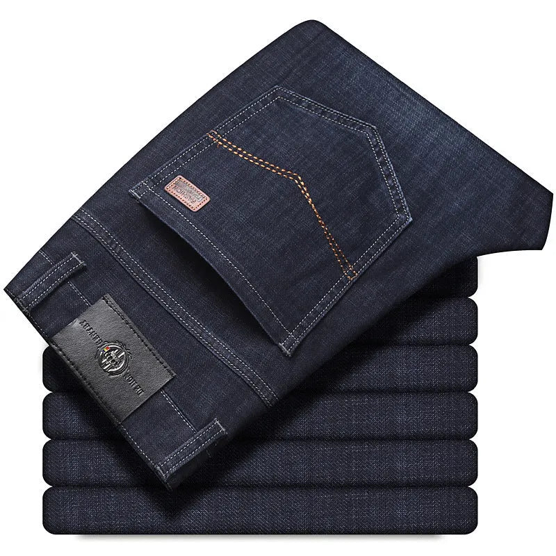 Stretch jeans loose fit straight-leg trousers in black and blue colours on size chart