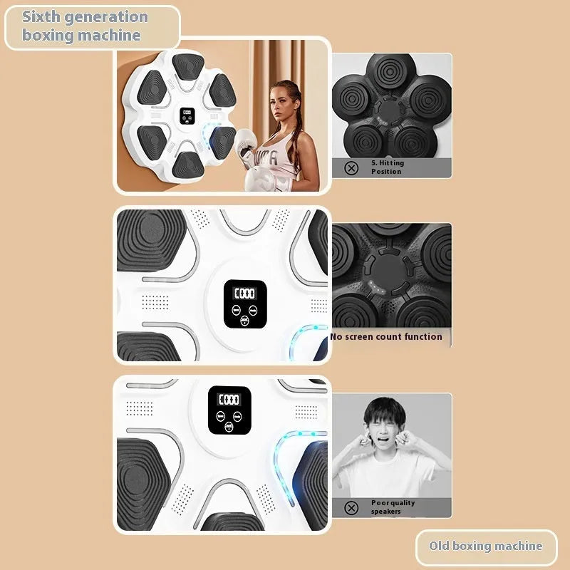 Smart music boxing machine wall target with electronic display and boxing gloves in black and white colour options