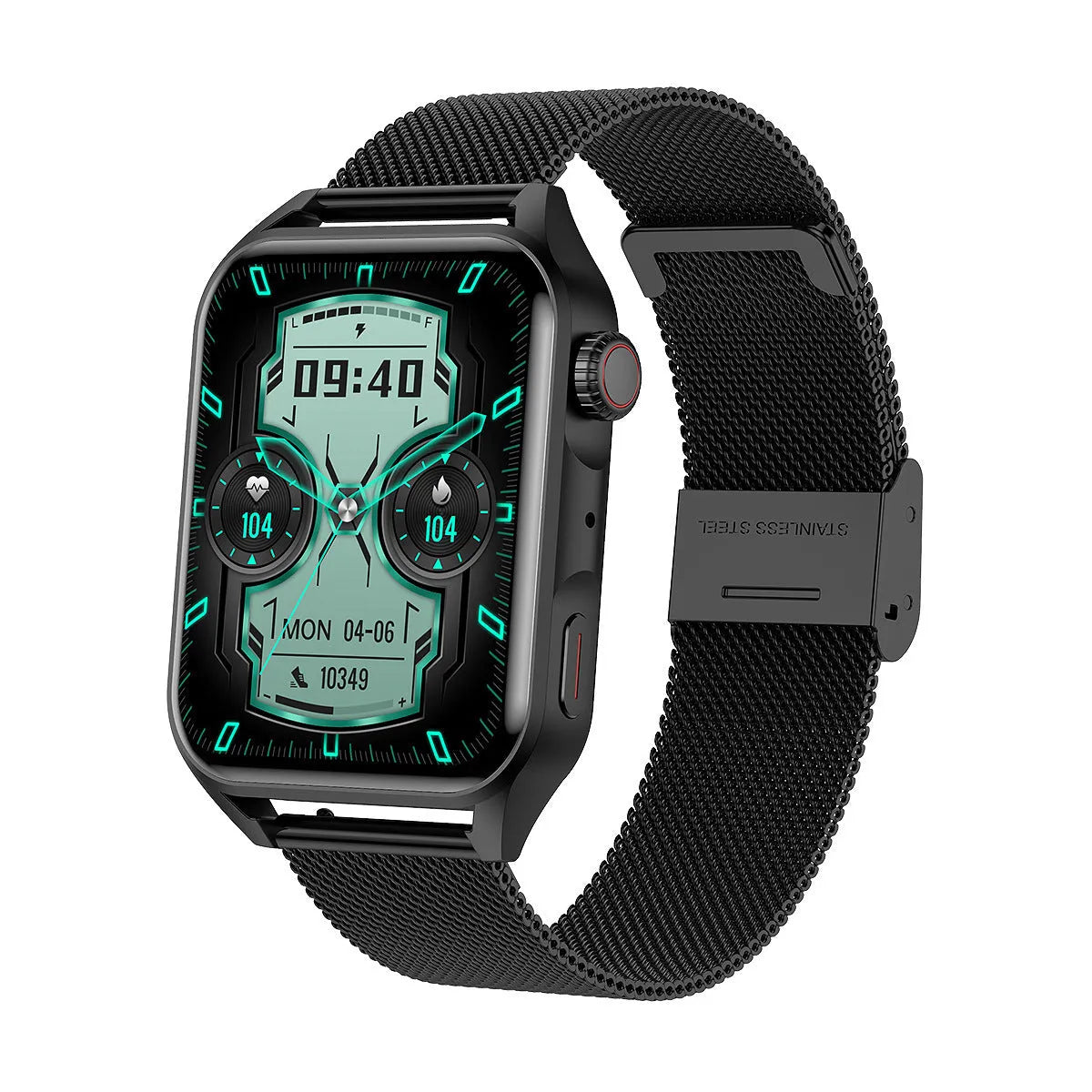 Smart watch with 1.8 inch AMOLED screen, NFC capability, and silicone wrist strap