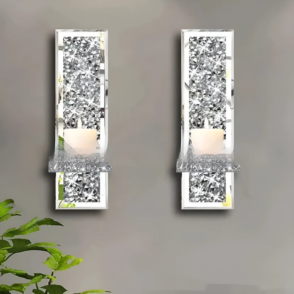 Pair of silver mirror glass candle holders for wall mounting at 10x11x38cm dimensions