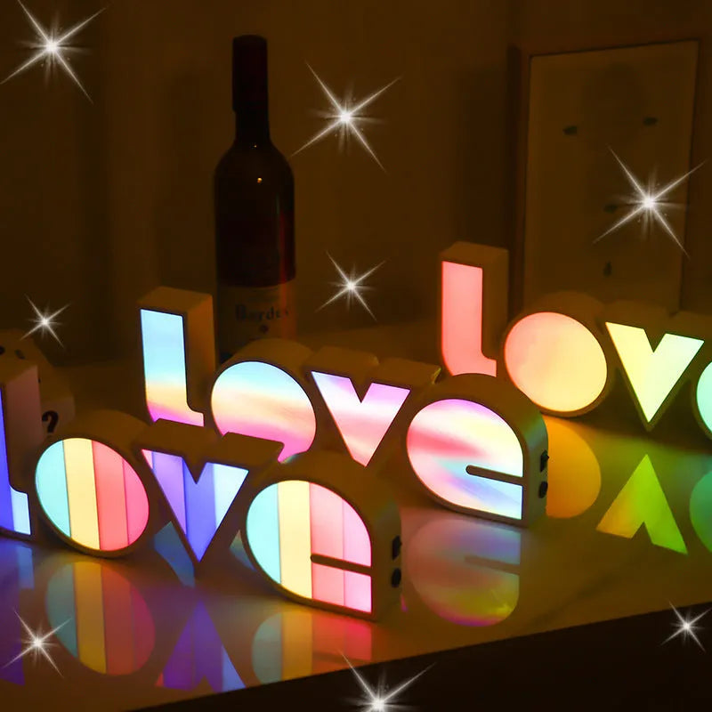 LED decorative light with rainbow lampshade displaying LOVE lettering for Valentine's Day decoration