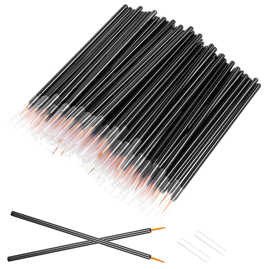 Pack of 100 black disposable eyeliner brushes with fine pointed tips and clear plastic sleeves.