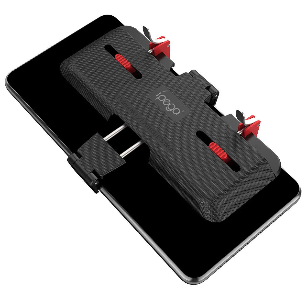 Black mobile phone gaming trigger handle bracket with pull-out concealed trigger and adjustable telescopic phone clip.