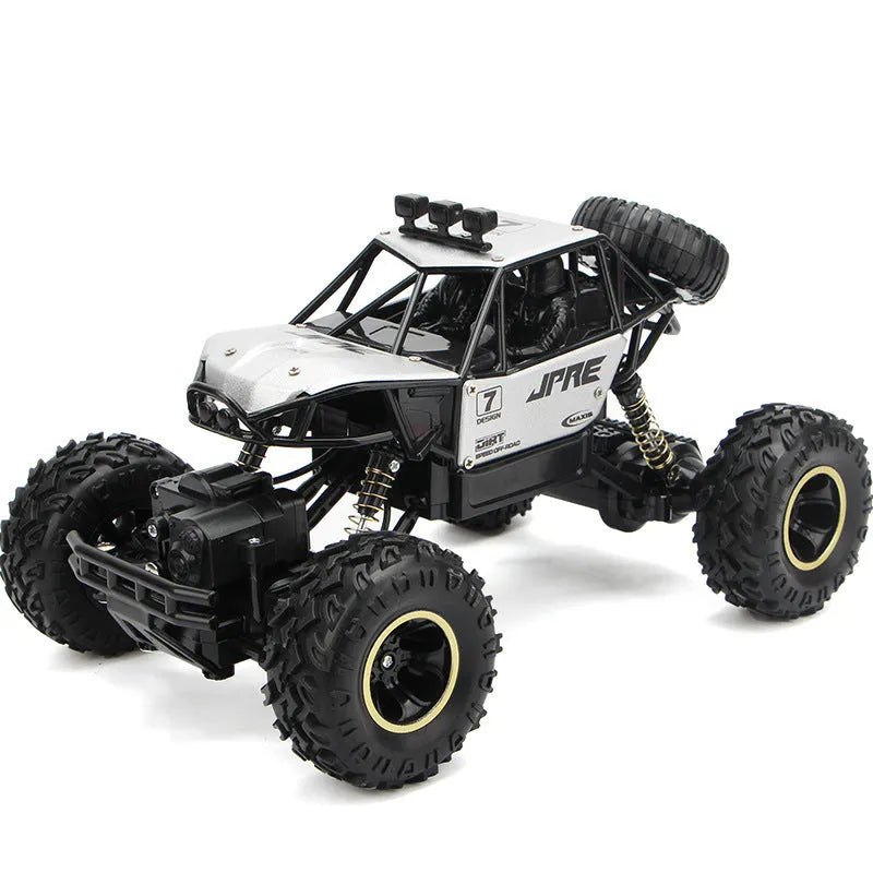 Black and silver 2.4G wireless remote control off-road cars in 28cm and 37cm sizes on rough terrain