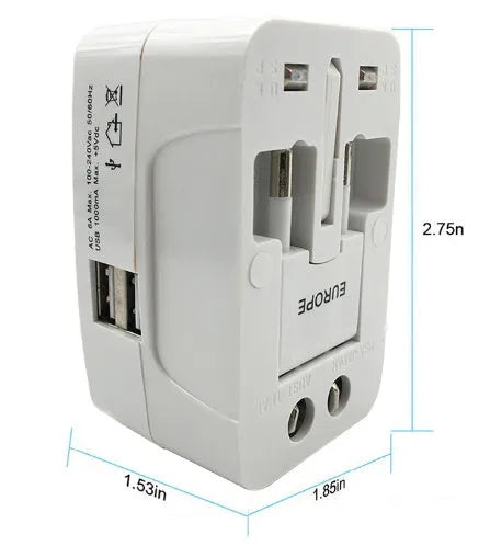 Universal travel plug converter measuring 73x50x39mm for global device charging