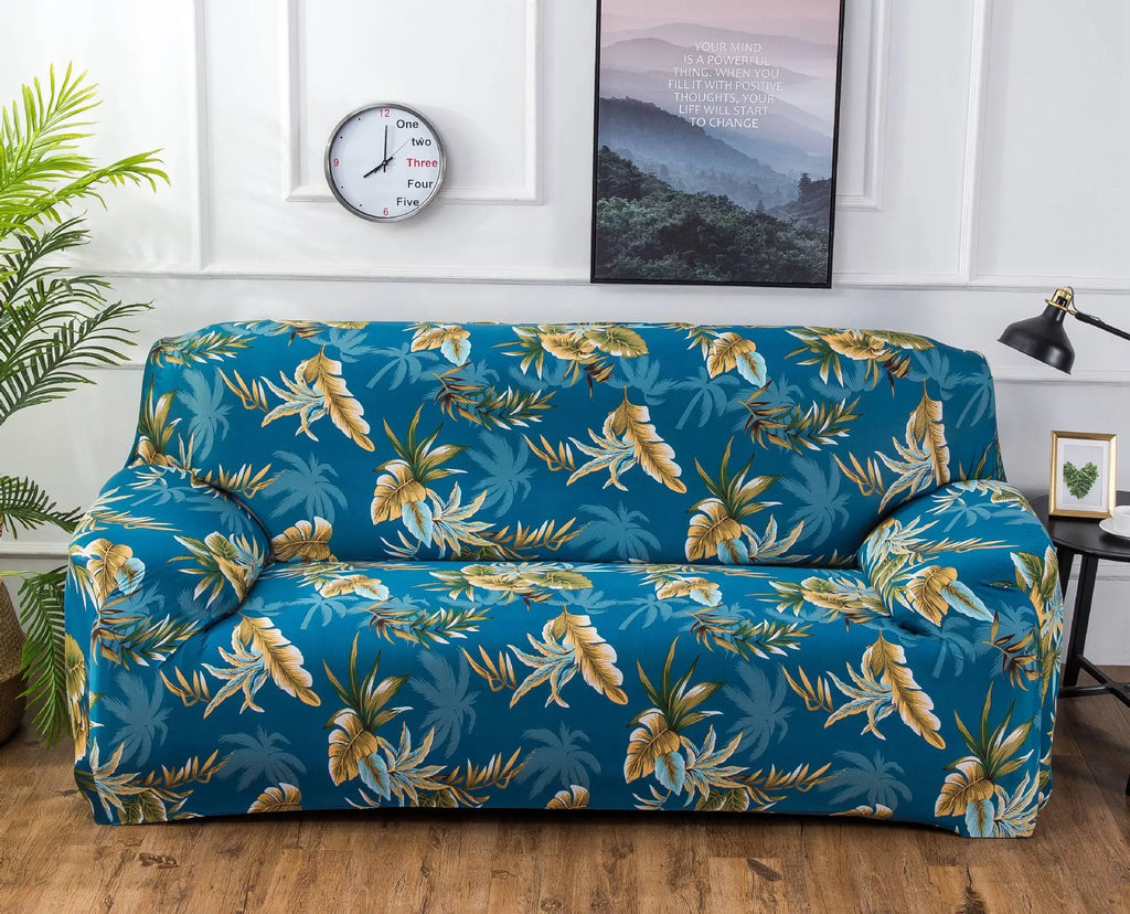 Printed geometric abstract stretch sofa slipcover fitted on a double-seater sofa.