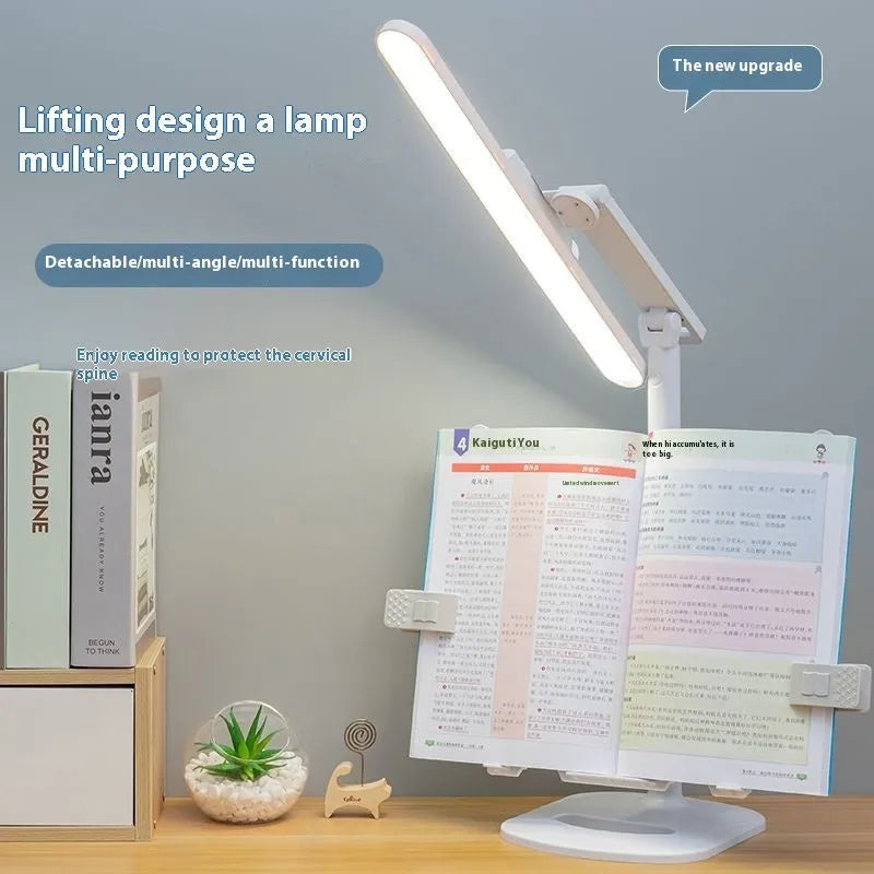 Adjustable desk lamp with a small attached shelf, showing three light temperature settings and a rechargeable battery.