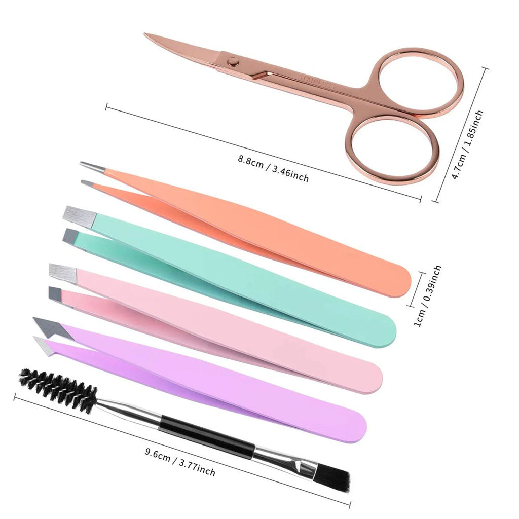 Professional 6-piece stainless steel eyebrow tweezers set with curved scissors, brush, and leather case