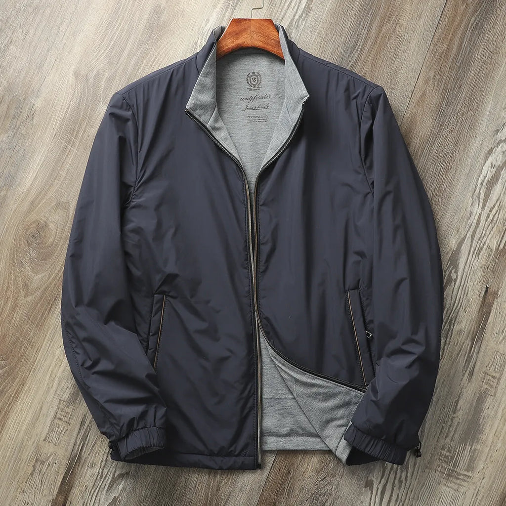 Men's stand collar casual jacket in Army Green, shown on a model.