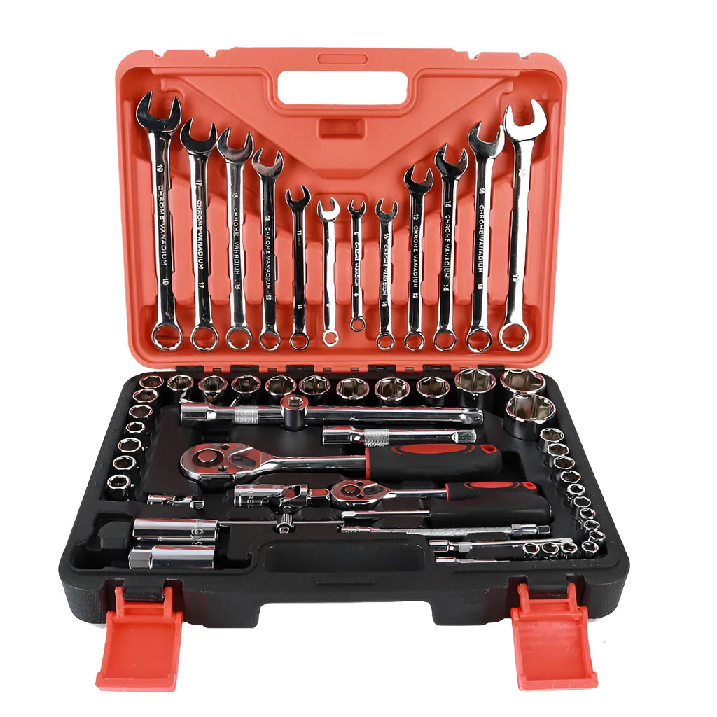 61-piece chrome vanadium steel metric socket wrench set with ratchets and extension bars