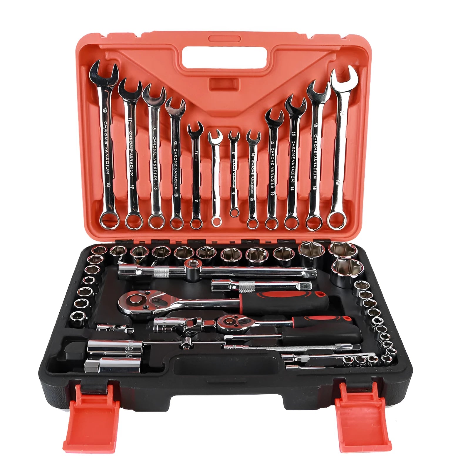 61-piece chrome vanadium steel metric socket wrench set with ratchets and extension bars