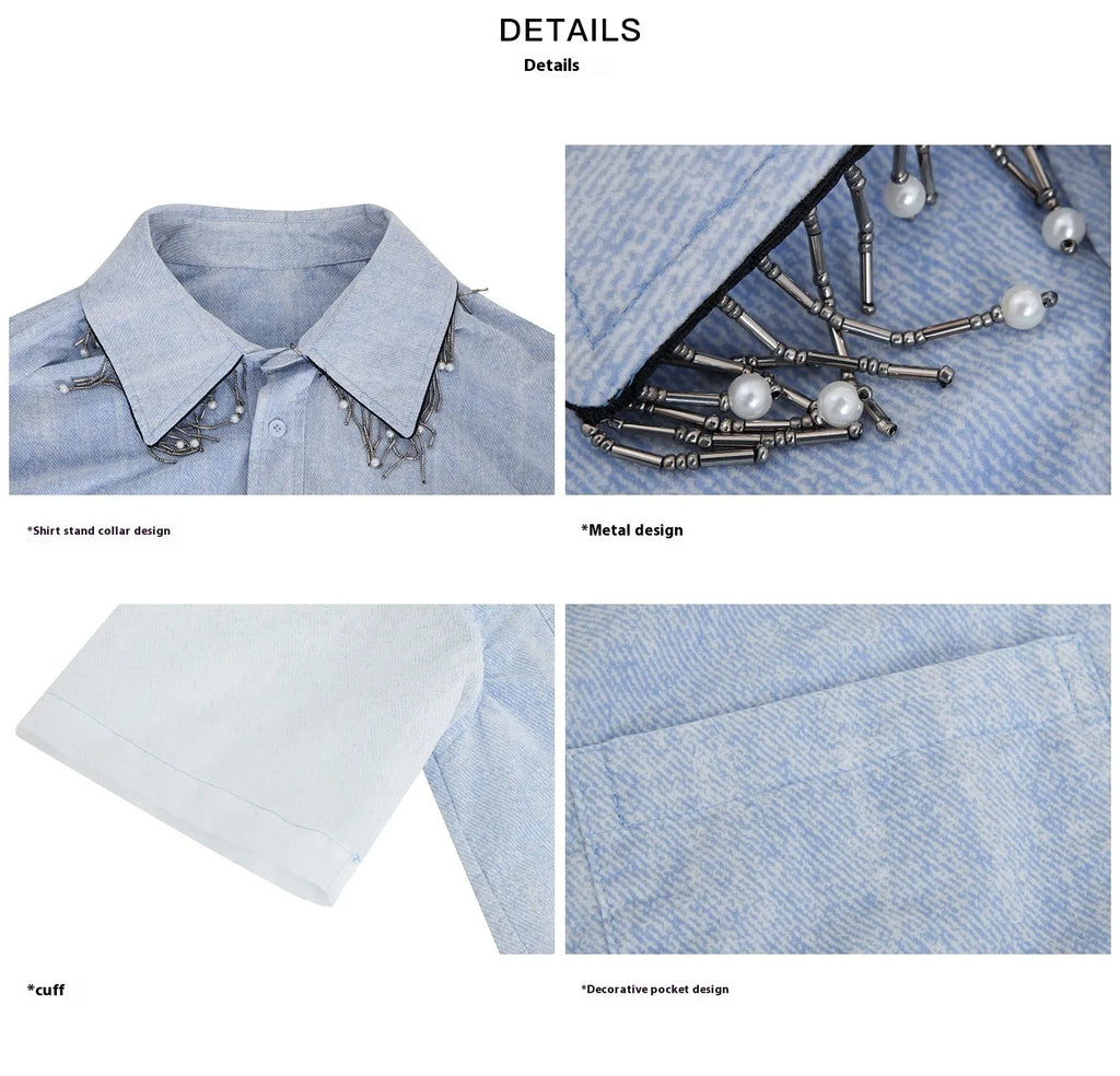 Men's blue and white gradient quilted loose fit short sleeve shirt