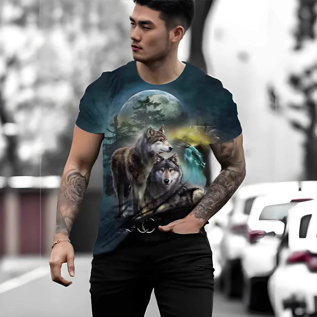 Men's grey T-shirt with a retro-style 3D digital print of an animal graphic on the front.
