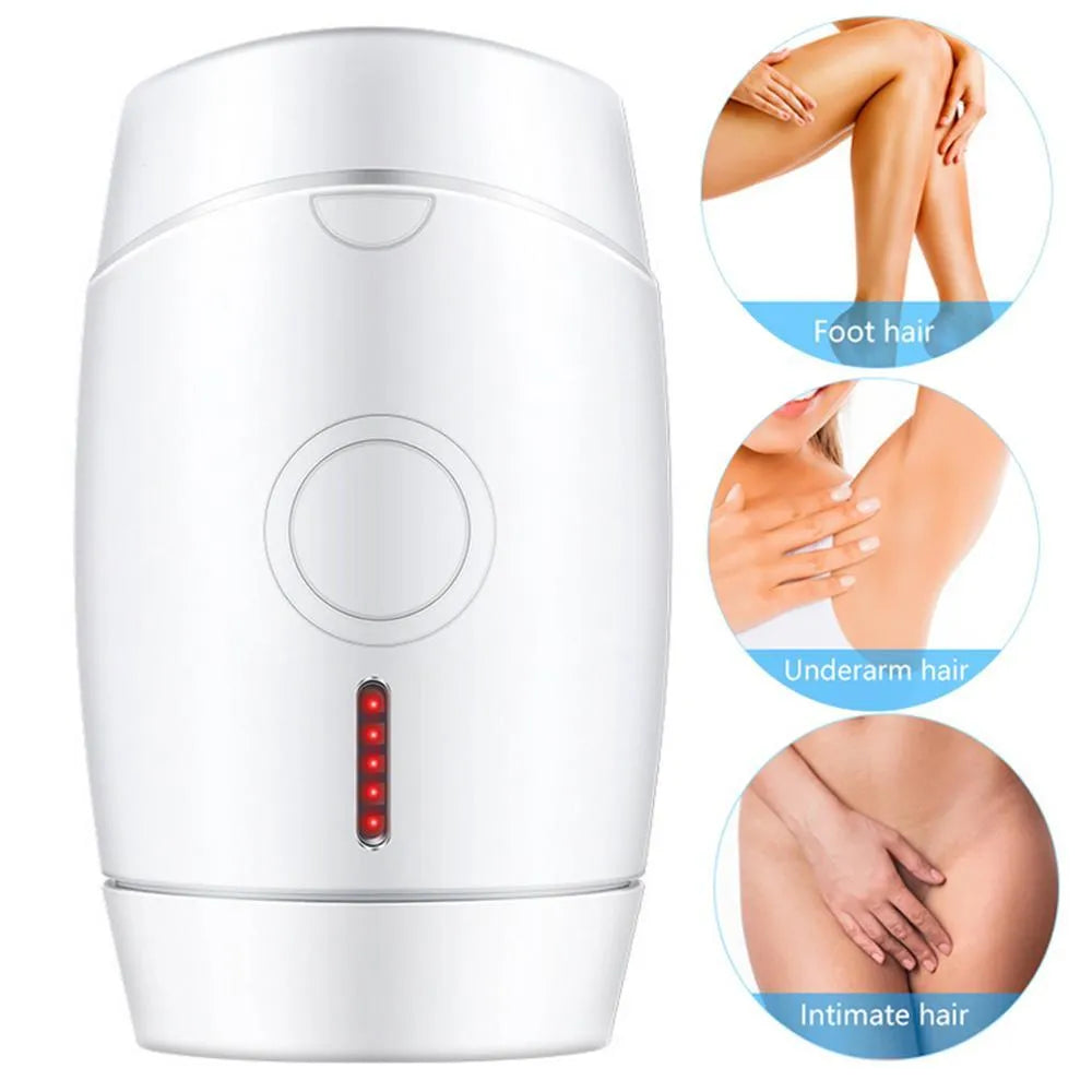White home laser hair removal instrument with display, shown next to its UK plug and adapter.