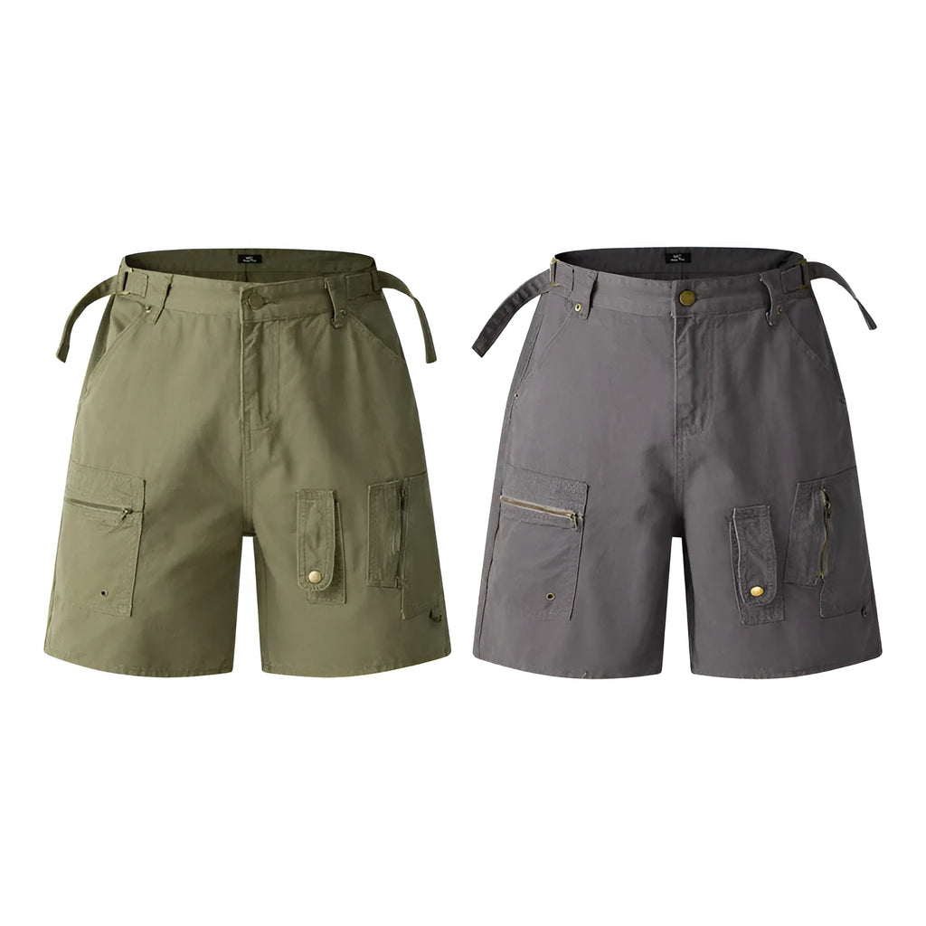 Loose fit retro shorts in washed cotton cloth, shown in grey, green, camouflage, and blue colour options.